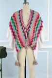 Roze elegante print kwastje patchwork vest kraag bovenkleding