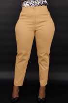 Pantalones caqui casual sólido básico regular de cintura alta color sólido convencional