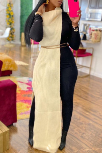 Apricot Casual Solid Slit Turtleneck Long Dress Dresses (Without Waist Chain)