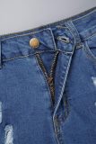 Deep Blue Street Solid Hollowed Out Pocket Buttons Zipper Mid Waist Skinny Denim Shorts