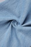 Bleu clair décontracté solide évidé Patchwork poche boutons fermeture éclair taille moyenne jean en Denim régulier