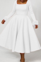 Witte elegante effen patchwork vierkante kraag A-lijn jurken