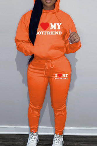 Orange Sportwear Casual Letter Print Hooded Collar Long Sleeve Sweatshirt And Draw String Pants Two Pieces Sweatsuit Sets