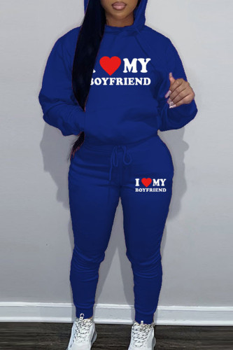 Blue Sportwear Casual Letter Print Hooded Collar Long Sleeve Sweatshirt And Draw String Pants Two Pieces Sweatsuit Sets