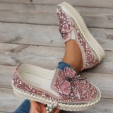 Zapatos planos cómodos y redondos con diamantes de imitación y retazos informales de color rosa para exteriores