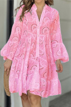 Roze elegante effen kant uitgeholde V-hals A-lijn jurken