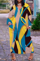 Gelbblaues, lässiges, bedrucktes Basic-Kleid mit langen Ärmeln und V-Ausschnitt