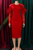 Rote, elegante, einfarbige Patchwork-Kleider mit O-Ausschnitt und Wickelrock