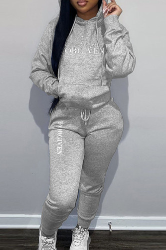 Grey Sportwear Casual Letter Print Hooded Collar Long Sleeve Sweatshirt And Draw String Pants Two Pieces Sweatsuit Sets