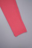 Розово-красные повседневные однотонные базовые платья с длинным рукавом и U-образным вырезом