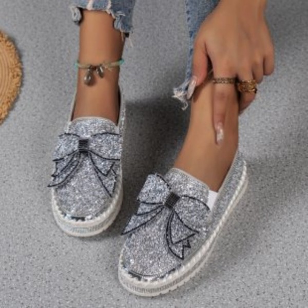 Zilver casual patchwork met strik strass ronde comfortabele platte schoenen