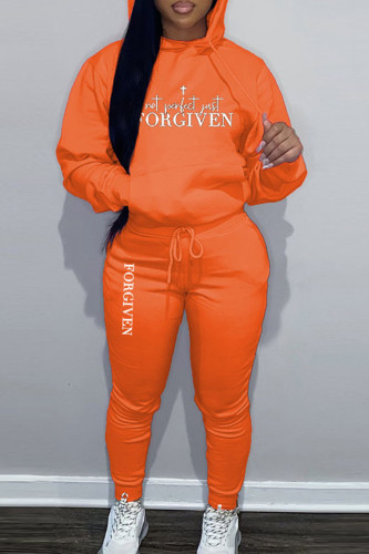 Orange Sportwear Casual Letter Print Hooded Collar Long Sleeve Sweatshirt And Draw String Pants Two Pieces Sweatsuit Sets