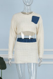 Apricot Casual Solid Patchwork O Neck Long Sleeve Two Pieces