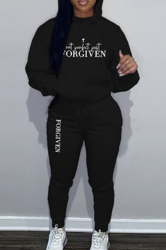 Black Sportwear Casual Letter Print Hooded Collar Long Sleeve Sweatshirt And Draw String Pants Two Pieces Sweatsuit Sets