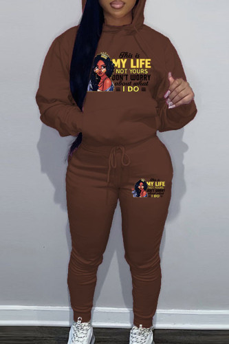 Brown Sportwear Casual Letter Print Hooded Collar Long Sleeve Sweatshirt And Draw String Pants Two Pieces Sweatsuit Sets