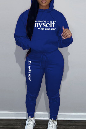 Blue Sportwear Casual Letter Print Hooded Collar Long Sleeve Sweatshirt And Draw String Pants Two Pieces Sweatsuit Sets