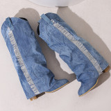 Chaussures de porte rondes décontractées à pompons bleu clair, couleur unie (hauteur du talon 2.36 pouces)