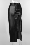 Bottoni patchwork solidi neri sexy Cerniera ad alta apertura Pantaloni dritti in tinta unita a vita alta regolari