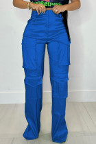 Blå Casual Solid Patchwork Vanlig hög midja Konventionella enfärgade byxor