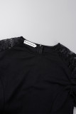 Schwarze, elegante, einfarbige Patchwork-Kleider mit O-Ausschnitt und Wickelrock
