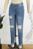 Blue Sexy Solid Patchwork Pocket Buttons Zipper Low Waist Skinny Ripped Denim Jeans