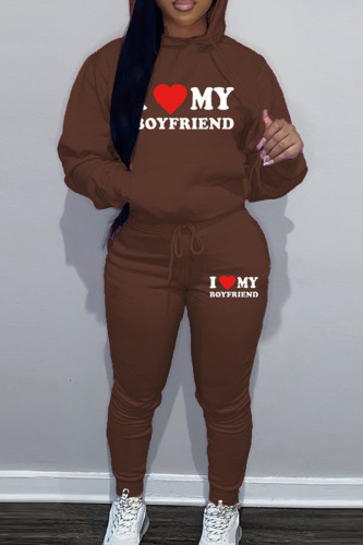 Brown Sportwear Casual Letter Print Hooded Collar Long Sleeve Sweatshirt And Draw String Pants Two Pieces Sweatsuit Sets