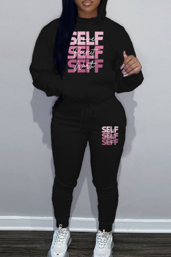 Black Sportwear Casual Letter Print Hooded Collar Long Sleeve Sweatshirt And Draw String Pants Two Pieces Sweatsuit Sets