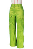 Gele casual straat effen patchwork zak recht hoge taille rechte effen kleur broek
