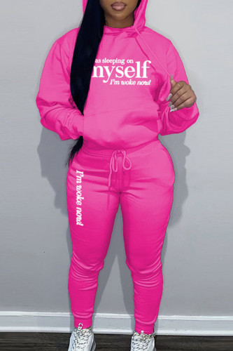 Rose Red Sportwear Casual Letter Print Hooded Collar Long Sleeve Sweatshirt And Draw String Pants Two Pieces Sweatsuit Sets