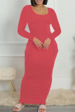 Rozerode casual effen basic jurken met U-hals en lange mouwen