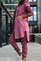 Розовый повседневный однотонный лоскутный карман с высоким разрезом, молния, воротник с капюшоном, длинный рукав, две части