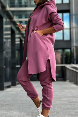Pink Casual Solid Patchwork Pocket High Opening Slit Zipper Hooded Collar Long Sleeve Two Pieces
