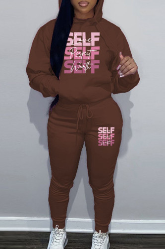 Brown Sportwear Casual Letter Print Hooded Collar Long Sleeve Sweatshirt And Draw String Pants Two Pieces Sweatsuit Sets