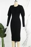 Zwarte elegante effen bandage-patchwork-jurken met o-hals en lange mouwen