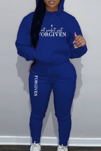 Blue Sportwear Casual Letter Print Hooded Collar Long Sleeve Sweatshirt And Draw String Pants Two Pieces Sweatsuit Sets