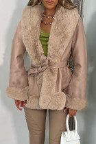 Brown Casual Bandage Patchwork Cardigan Collar Outerwear