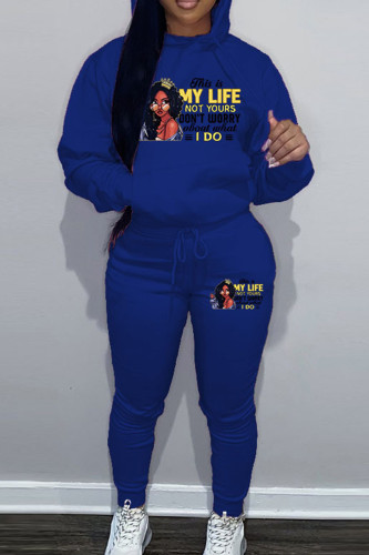 Blue Sportwear Casual Letter Print Hooded Collar Long Sleeve Sweatshirt And Draw String Pants Two Pieces Sweatsuit Sets