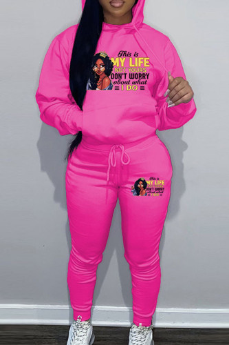 Rose Red Sportwear Casual Letter Print Hooded Collar Long Sleeve Sweatshirt And Draw String Pants Two Pieces Sweatsuit Sets