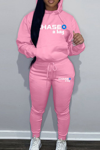 Pink Sportwear Casual Letter Print Hooded Collar Long Sleeve Sweatshirt And Draw String Pants Two Pieces Sweatsuit Sets