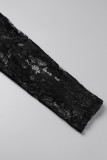 Zwarte elegante effen kanten patchwork O-hals gewikkelde rokjurken