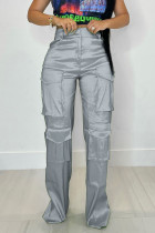 Серый Повседневный Уличный Однотонный Лоскутный карман Прямые прямые однотонные брюки с высокой талией