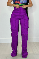 Paarse casual straat effen patchwork zak recht hoge taille rechte effen kleur broek