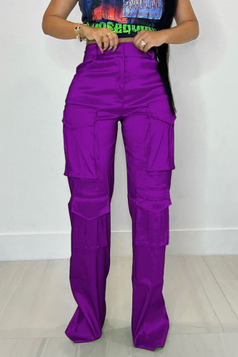 Púrpura Casual Calle parches lisos Bolsillo Recto Cintura alta Pantalones rectos de color sólido