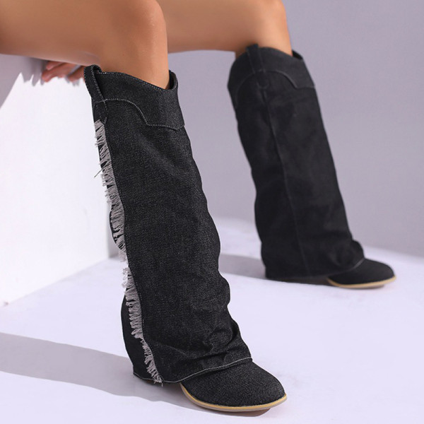Zapatos de puerta redondos de color sólido con retales de borlas informales negros (altura del tacón 2.36 pulgadas)