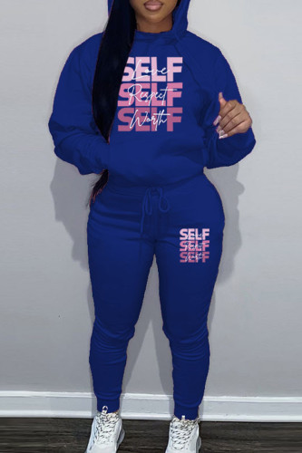 Blue Sportwear Casual Letter Print Hooded Collar Long Sleeve Sweatshirt And Draw String Pants Two Pieces Sweatsuit Sets