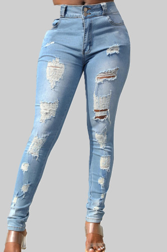 Light Blue Casual Solid Ripped Patchwork Pocket Buttons Zipper Mid Waist Skinny Denim Jeans
