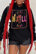 Svart Casual Print Draw String Letter Hooded Collar Tops