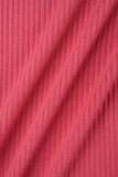 Розово-красные повседневные однотонные базовые платья с длинным рукавом и U-образным вырезом