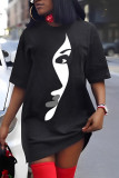 Schwarzes T-Shirt-Kleid mit legerem Print, Basic-O-Ausschnitt und kurzen Ärmeln