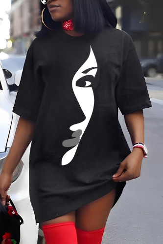 Black White Casual Print Basic O Neck T-shirt Dress Short Sleeve Dress